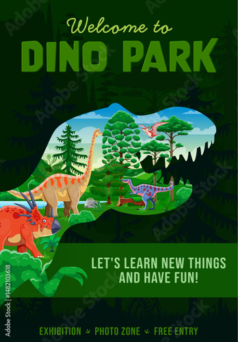 Dino park poster with T Rex silhouette and cartoon dinosaurs in Jurassic forest, cartoon vector. Kids dino amusement park or prehistoric lizard tyrannosaurus museum and reptiles exhibition poster
