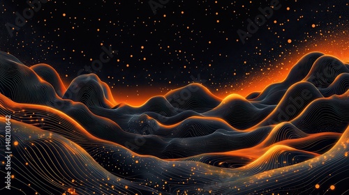 Abstract neon landscape with glowing orange waves and starry night sky