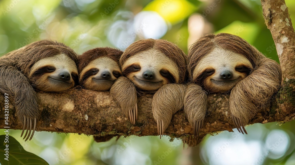 Obraz premium Four sloths relaxing on a tree branch in lush greenery