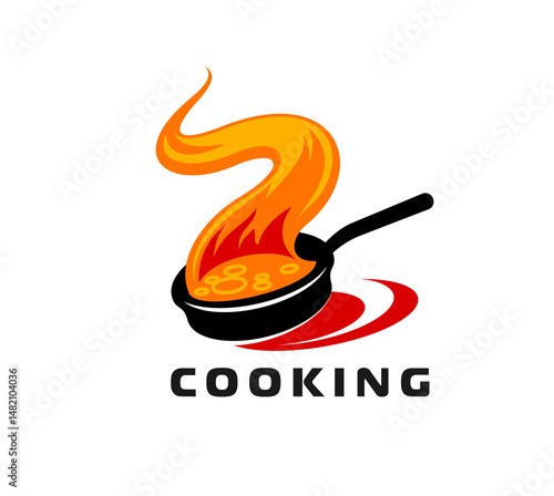 Cook pan icon for cooking school or kitchen chef food and gourmet cuisine restaurant, vector emblem. Frying pan or skillet icon with gourmet smell flow for BBQ grill bar or chef cuisine restaurant