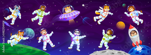 Cartoon funny animal astronauts in galaxy outer space, vector spaceman personages. Cartoon zoo animal astronauts in spacesuits, cat in alien UFO and bear in rocket shuttle, lion and panda in space sky
