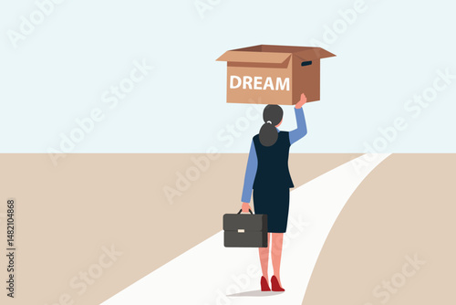 graduation woman man, carry dream box, path way road, mystery to success career concept, landscape background, cartoon vector	