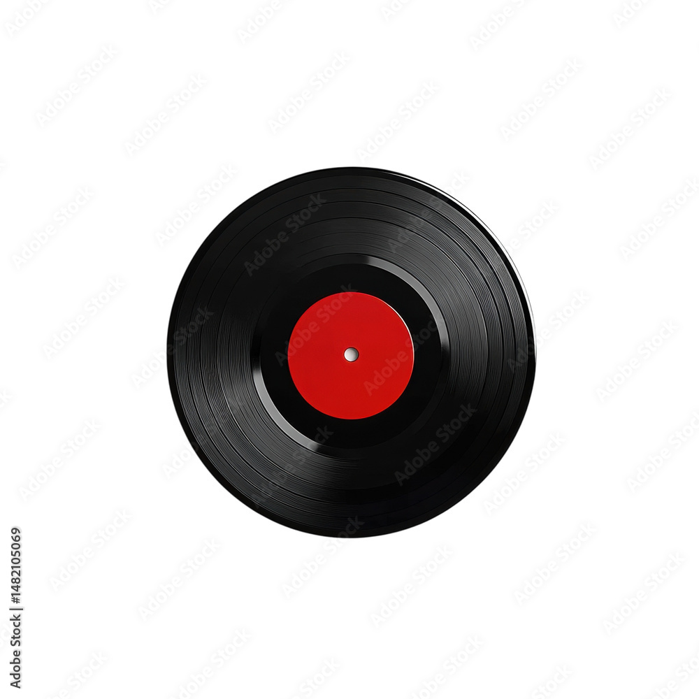Sleek black vinyl record vibrant red label center isolated on pitch black on transparent background Sleek black vinyl record vibrant red label center isolated on pitch black on transparent background