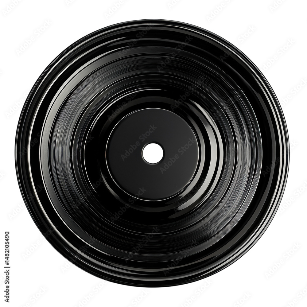 Sleek black vinyl record concentric circles gleam reflecting light smooth on transparent background Sleek black vinyl record concentric circles gleam reflecting light smooth on transparent background