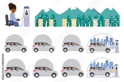 Set of vector winter illustrations with cartoon house, tree, and snow under a cloudy sky depicts a cozy winter scene