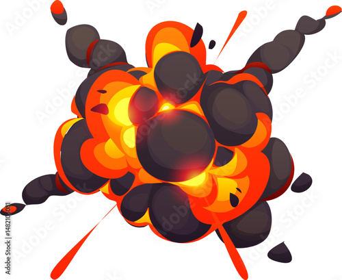 Comic bomb explosion blast effect, cartoon fire and smoke boom clouds, vector TNT explosive burst. Bomb explosion or nuclear explode boom with energy blast and exploding smoke clouds for VFX effect