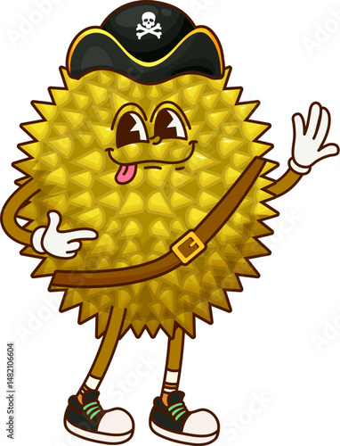 Pirate sailor durian fruit groovy funny character. Pirate bandit sweet natural fruit groovy cute character, corsair sailor tropical food vintage isolated vector happy character wearing tricorn hat