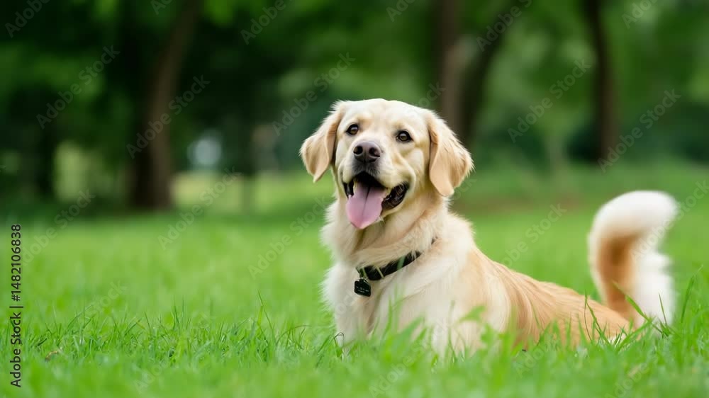 A dog is laying on the grass in a park. The dog is brown and has a collar around its neck A dog is laying on the grass in a park. The dog is brown and has a collar around its neck