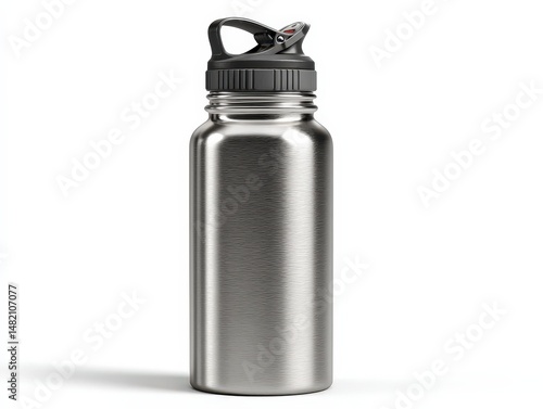 Silver stainless steel water bottle on a white background.