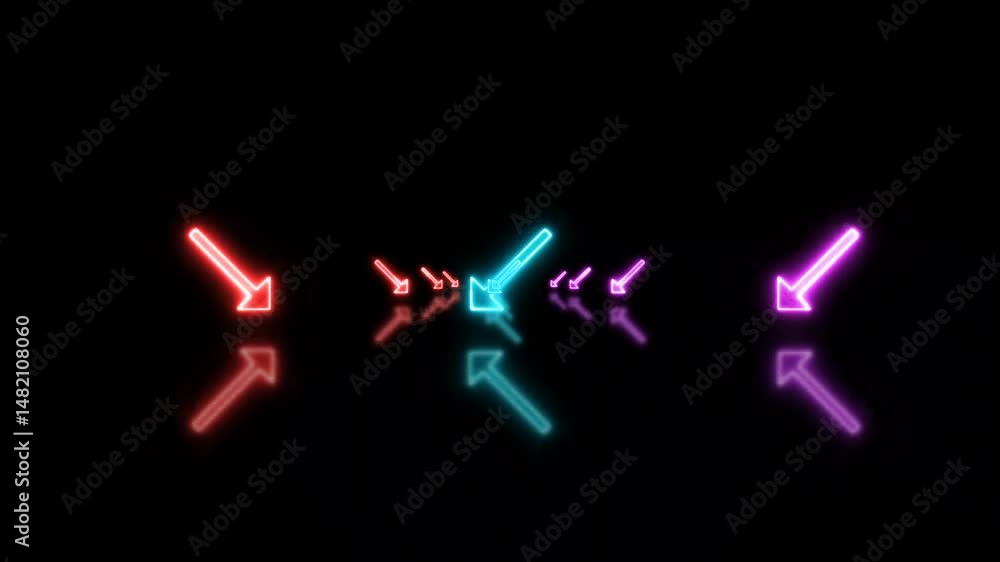 The arrows alternate in vibrant hues of electric blue and hot pink, casting reflections on the smooth, dark floor below The arrows alternate in vibrant hues of electric blue and hot pink, casting reflections on the smooth, dark floor below