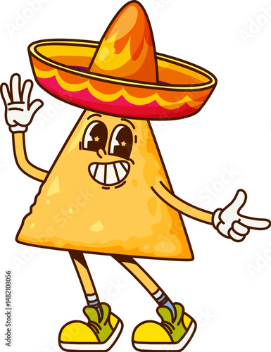 Cartoon groovy Mexican nachos chip character wearing sombrero and sneakers. Isolated vector tex mex snack food mariachi personage has a big smile and playful pose, embodying a festive Fiesta y2k vibe