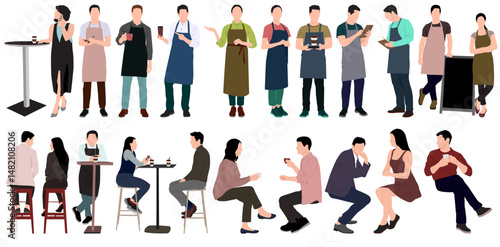 people at cafe. Men and women sitting at cafe and drinking coffee or tea and enjoying coffee. Vector illustration in flat style.