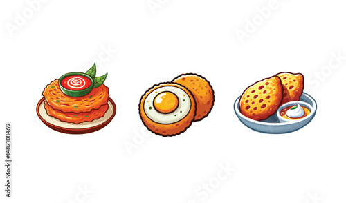  spicy snacks, pakora, alur chop, piyaju ,Potato fritter s,Batter fried egg,Egg-filled cutlets, Lentil and onion fritters  
