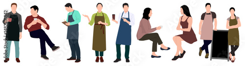 people sitting in restaurant and cafe. Waiter serving and barista making coffee for customers.