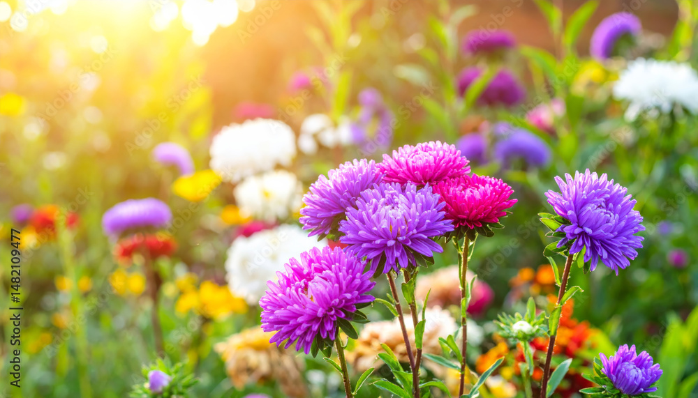 Obraz premium Beautiful flower garden with vibrant purple, pink, and white blooms, illuminated by warm sunlight, creating serene and joyful atmosphere