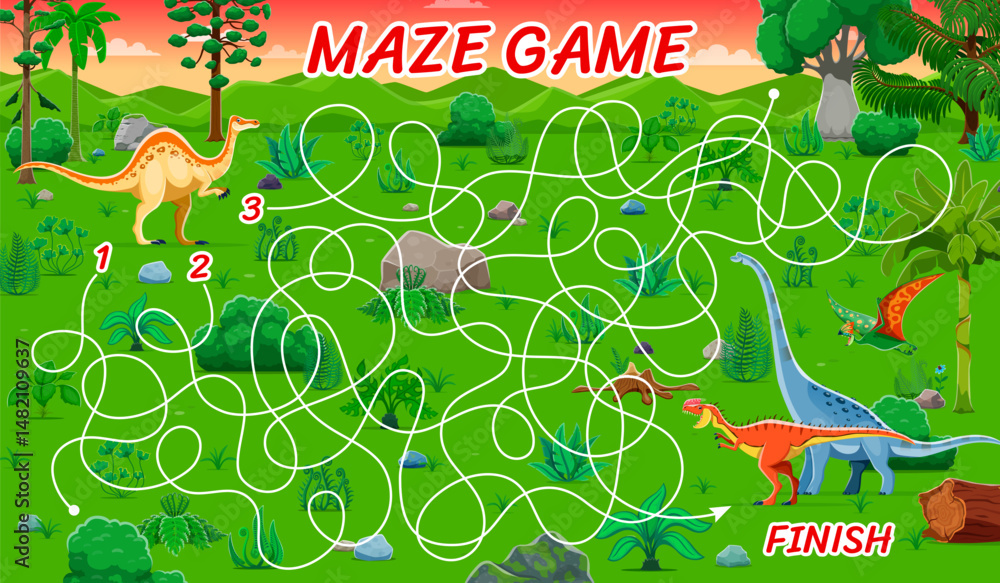 Fototapeta premium Kids labyrinth maze game, help to dinosaur find the exit puzzle quiz vector worksheet. Cute dinosaurs maze game with labyrinth and cartoon titanosauria, monolophosaurus and tapejara dino characters