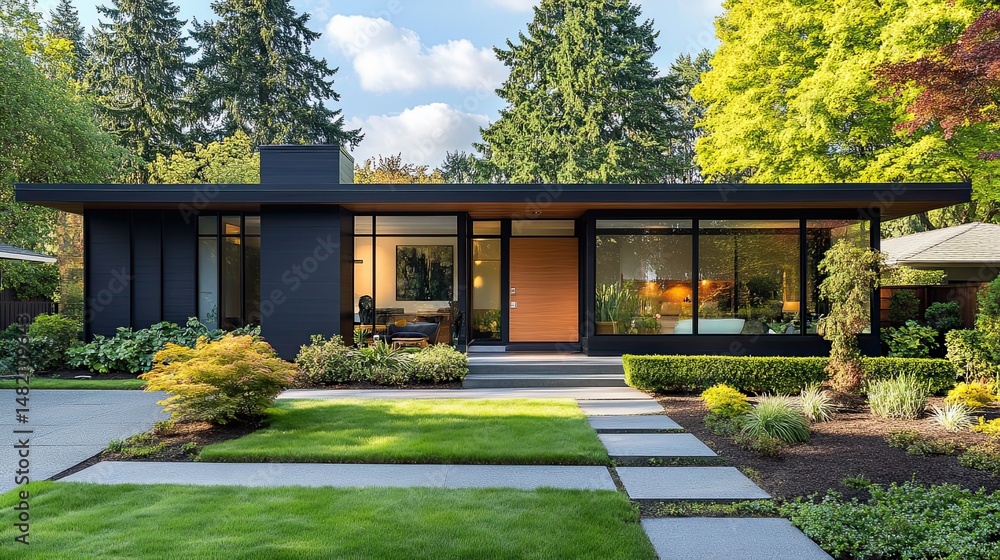 Fototapeta premium A modern home exterior with clean lines, large windows, and a manicured front yard.