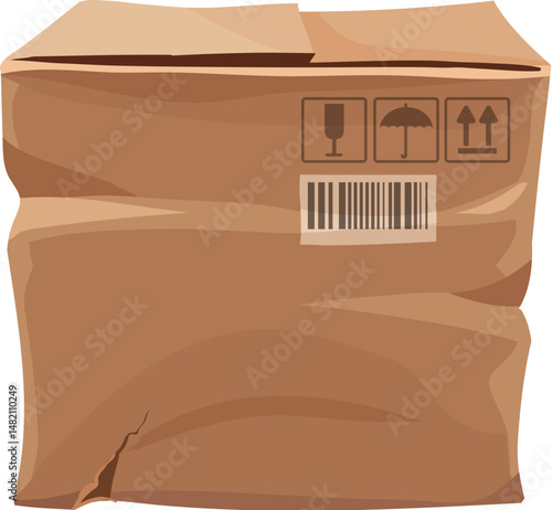 Deformed broken damaged crumpled cardboard box package, crushed or ripped cargo delivery parcel. Isolated cartoon vector broken pack representing issues with freight delivery and packaging problems