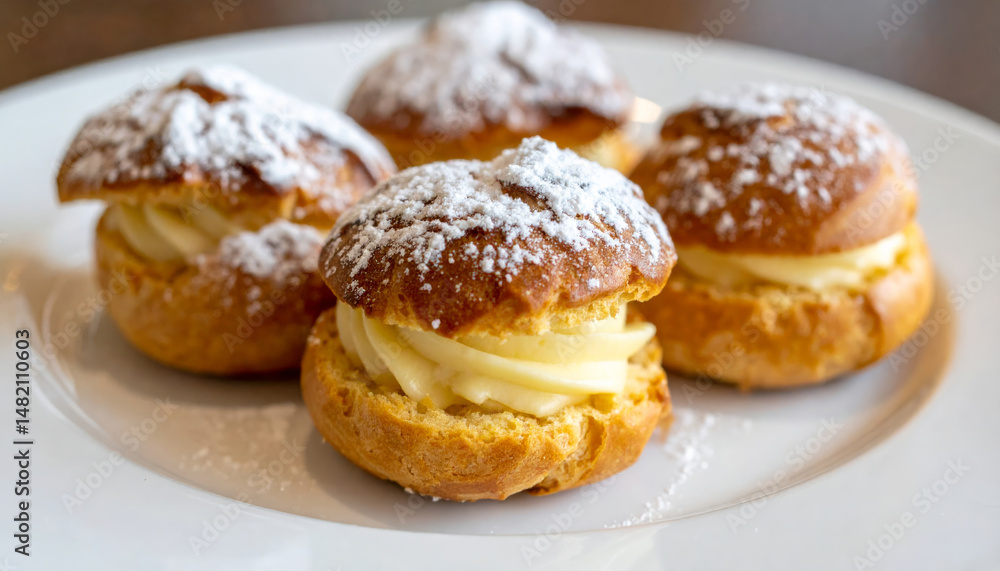 Delicious profiteroles filled with creamy custard and dusted with powdered sugar, served on white plate, creating inviting dessert display Delicious profiteroles filled with creamy custard and dusted with powdered sugar, served on white plate, creating inviting dessert display