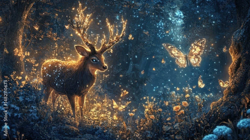 Fototapeta premium Enchanted forest scene with glowing deer and butterflies in magical nighttime setting