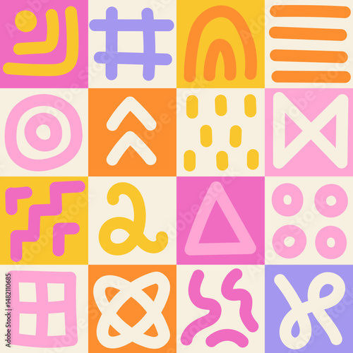 Colorful Checkerboard with Scribbles Seamless Pattern. Bright Playful childish background with line squiggles and doodle shapes. Gingham chessboard. Repeatable Vector illustration
