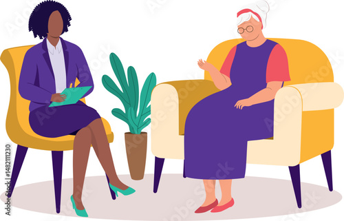 Elderly Woman Seeing A Female Psychologist During A Psychotherapy Session.