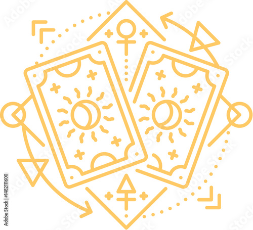 Esoteric Tarot cards line symbol of magic astrology for mystic Boho tattoo, vector mystery sign. Tarot cards with esoteric symbols of occultism and mystery, sun and moon with magic line ornaments