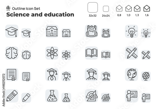 Science and Education. Concept editable stroke outline icons set isolated on white background flat vector illustration. Pixel perfect
