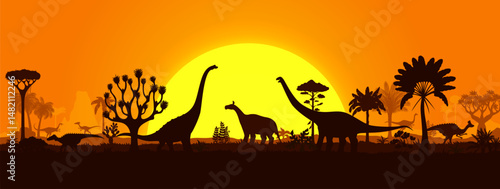 Dinosaurs silhouettes on sunset prehistoric landscape with palm trees, hills and plants. Vector serene background with dino species shadows roaming peacefully in front of large sun in orange dusk sky