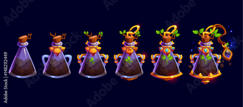 Nature growth power magic rank badge, game level progress stage. Cartoon potion bottles and magical containers showing plant growth. Vector set features glass flasks with soil and leaves progression