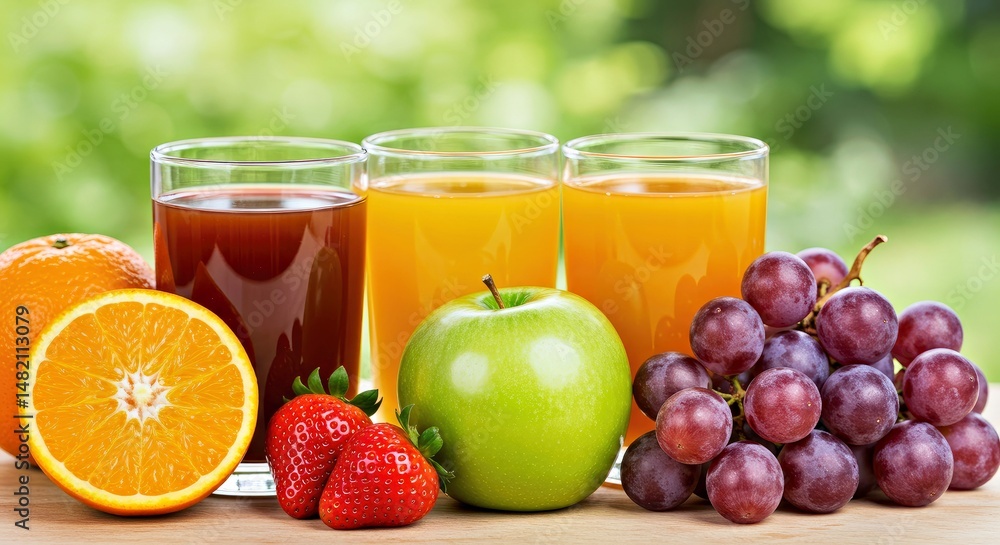 Arrangement of Fresh Fruits and Glasses Filled with Juice Arrangement of Fresh Fruits and Glasses Filled with Juice