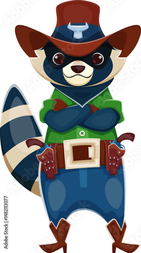 Cartoon raccoon cowboy, animal sheriff character or Wild West bandit robber, vector personage. Raccoon in Western cowboy hat with revolver guns in bandoleer for Texas ranger bandit animal character