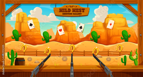Wild West carnival cowboy shoot game or Western amusement park shooting range, vector. Funfair carnival shooting gallery with cactus, horseshoe and cards for kids Western shoot game