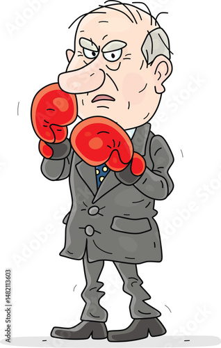 Angry businessman in a business suit with red boxing gloves going to attack his enemy, vector cartoon illustration on a white background