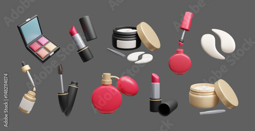Beauty makeup cosmetic 3D icon set vector isolated on dark. 3D skincare cosmetics: makeup palette, red lipstick, mascara, perfume fragrance, nail polish, eye patches, oil facial serum.