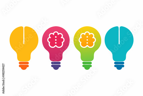 set of light bulb with brain icon vector silhouette illustration isolated on white background