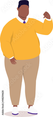 One Plus Size Black Man Standing And Showing One Hand With Thumbs Down.