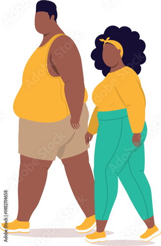Side View Of Overweight Black Couple In Sports Clothing Walking Together.