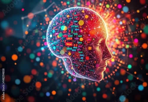 Abstract AI head dissolving into colorful fragmented data streams Generative AI