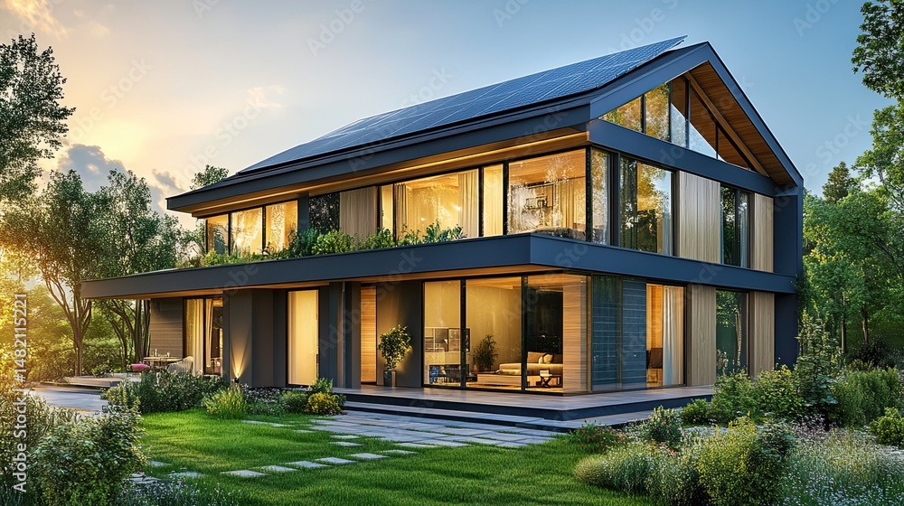A modern house equipped with solar panels and storage batteries. A modern house equipped with solar panels and storage batteries.