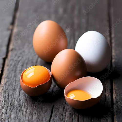 five eggs on a dark wooden surface in a natural setting. Among them, there is one whole brown egg, one whole white egg, and one broken brown egg that reveals the bright yolk and white