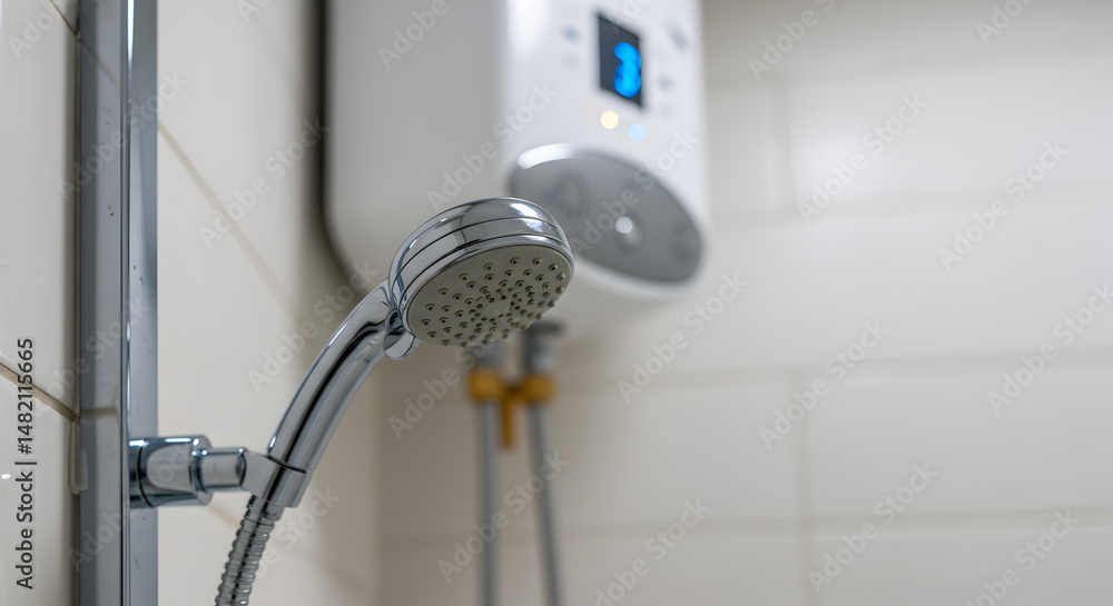 Chrome Shower Head with Modern White Water Heater in Tiled Bathroom Interior Chrome Shower Head with Modern White Water Heater in Tiled Bathroom Interior