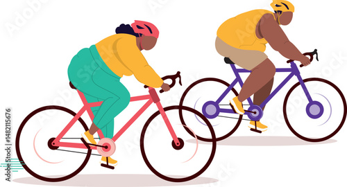 Side View Of One Overweight Black Couple In Activewear And Helmet Riding A Racing Bicycle.