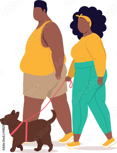 Side View Of One Plus Size Black Couple In Activewear Walking Their Dog With Pet Leash.