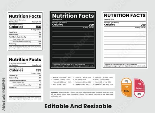 Nutrition label, nutrition facts, Nutrition facts label vector template set. food calories, fats, serving, per container, dietary, and protein. Vector set design.	
