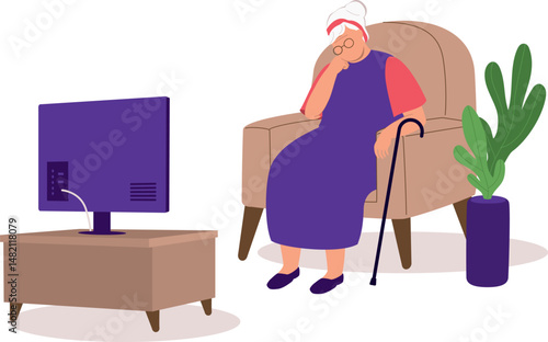 One Bored Elderly Woman On Couch Sitting Alone In Front Of TV, Watching Television’s Show At Home.