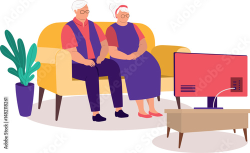 Elderly Couple Sitting On Couch Watching TV Together At Home.