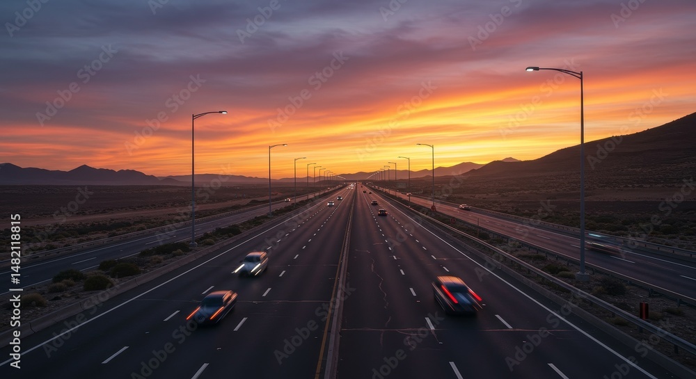 Photo of Highway Traffic at Sunset in Desert Photo of Highway Traffic at Sunset in Desert