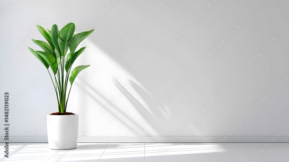 a lush green houseplant in a white pot with natural sunlight casting shadows a lush green houseplant in a white pot with natural sunlight casting shadows
