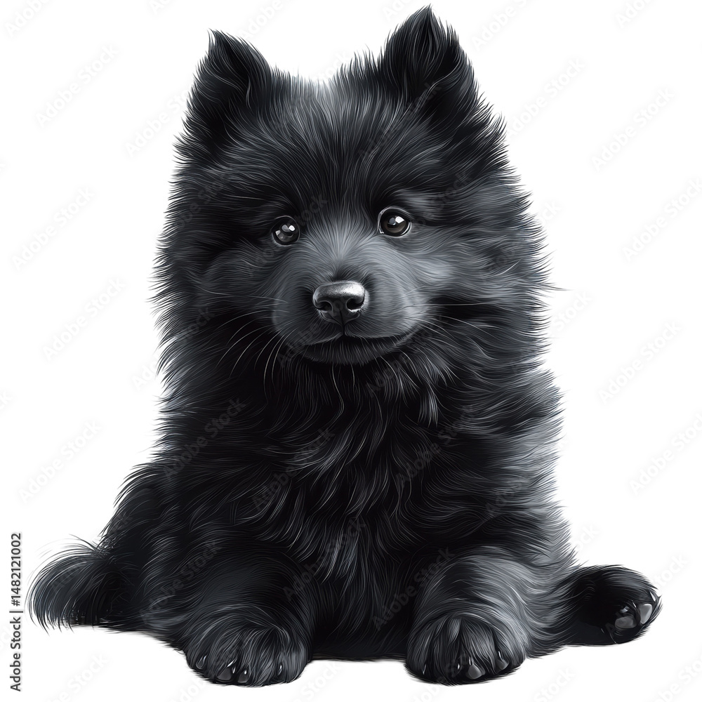 Obraz premium An adorable fluffy black puppy sitting patiently awaiting playtime with on transparent background